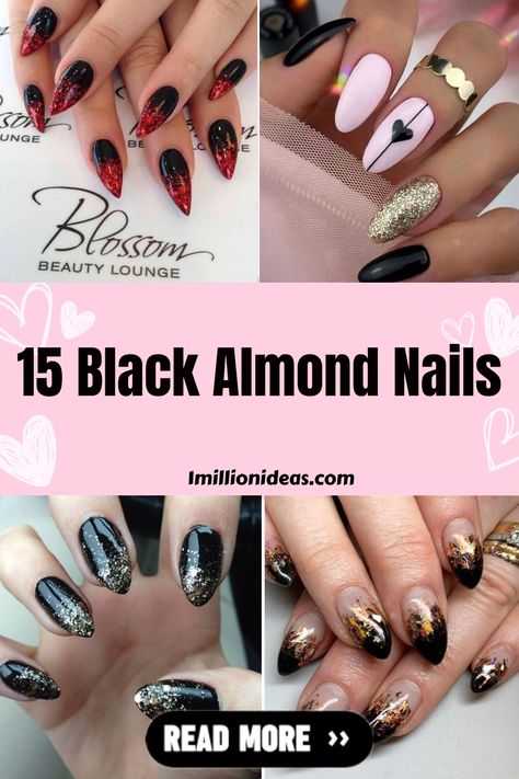 15 Black Almond Nails Black Almond Nail Designs, Almond Nail Designs, White Almond Nails, Black Almond Nails, Unghie Sfumate, Kutek Disney, Matte Black Nails, Nail Art Designs Summer, Almond Shape Nails