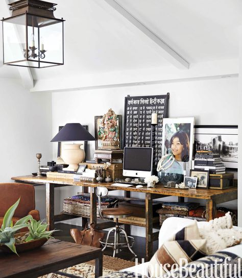 The layering in the family room begins on the floor, where an abaca rug from Williams-Sonoma Home is topped with a Beni Ourain rug found in a Moroccan souk. Bhargava prefers natural materials and likes a touch of leather in every room. The Bedford chair by Williams-Sonoma Home is upholstered in suede, which "is very forgiving," she says. "It wipes off easily." Victoria Pearson  - HouseBeautiful.com Modern Barn Style, Pottery Decor, Brown Pottery, Long Room, Global Home, California Living, Williams Sonoma Home, Modern Barn, Building A New Home