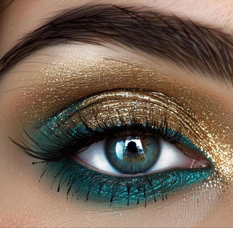 Turquoise And Gold Eye Makeup, Blue Eyes Gold Eyeshadow, Peacock Eyeshadow Looks, Yule Makeup, Peacock Eyeshadow, Turquoise Eye Makeup, Peacock Eye Makeup, Turquoise Makeup, Peacock Makeup