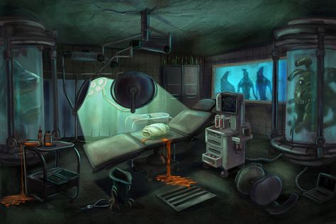 The interior of the science laboratory / operating room in the horror style.,  on ArtStation at https://www.artstation.com/artwork/WBDo6X Horror Laboratory, Science Room, Laboratory Design, Science Laboratory, Operating Room, Laboratory Science, Book Writing, The Science, Writing A Book