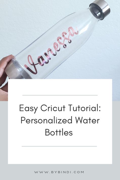 Easy cricut tutorial: personalized vinyl decals for water bottles Cricut Personalized Water Bottles, Cricut Projects Vinyl Tumblers Cute Ideas, Cricut Bottle Vinyl Decals, Water Bottles With Vinyl, Vinyl Decal Sizes For Water Bottles, Names On Water Bottles Cricut, Personalized Water Bottles Vinyl Decals, Diy Water Bottle Labels Cricut, Circuit Water Bottle Ideas