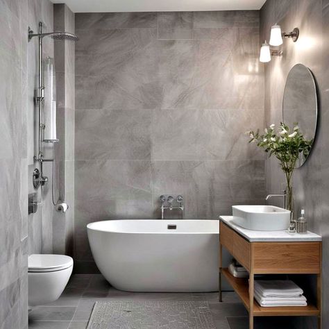 25 Grey Bathroom Ideas and Designs for Modern Look Grey Bathroom Tile, Frosted Glass Shower Door, Grey Bathroom Ideas, Small Grey Bathrooms, Grey Marble Bathroom, Gray And White Bathroom, Grey Bathroom Tiles, Concrete Finishes, White Tub