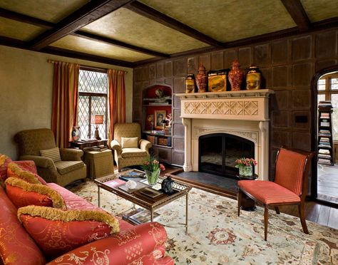 Tudor Elegance - Traditional - Living Room - New York - by Belle Maison Interior Design | Houzz Tudor Decor Interior, Tudor Style Interior, Tudor House Interior, Tudors Aesthetic, Tudor Cottage Interior, Tudor Living Room, Tudor Fireplace, Tudor Interior, Fireplace Molding