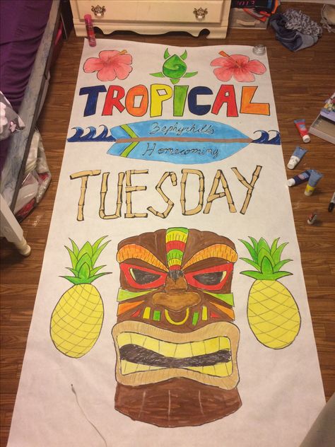 Homecoming Spirit Day Theme tropical Tuesday Hawaiian Themed Football Game Posters, Tropical Tuesday Spirit Week, Hawaiian Theme Football Signs, Hawaiian School Spirit Ideas, Tropical Pep Rally, Western Theme Pep Rally, Beach Homecoming Theme, Hawaiian Pep Rally Posters, Fccla Themes