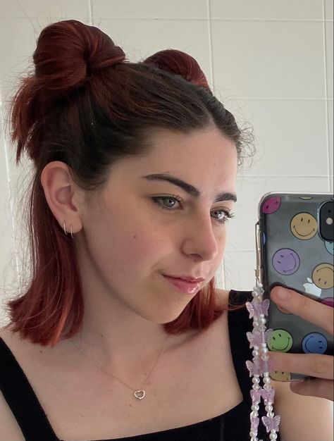 red hair medium length half up space buns Space Buns Medium Hair, Red Hair Medium Length, Half Up Space Buns, Space Buns, Easy Hairstyle, Hair Medium, Medium Hair, Half Up, Buns