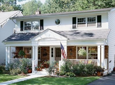 Colonial House With Front Porch, Traditional Colonial House Exterior, Colonial Exterior Remodel, Colonial Home Exteriors, Colonial Front Porch, Colonial House Exterior, Small Colonial, Front Porch Remodel, Front Porch Addition