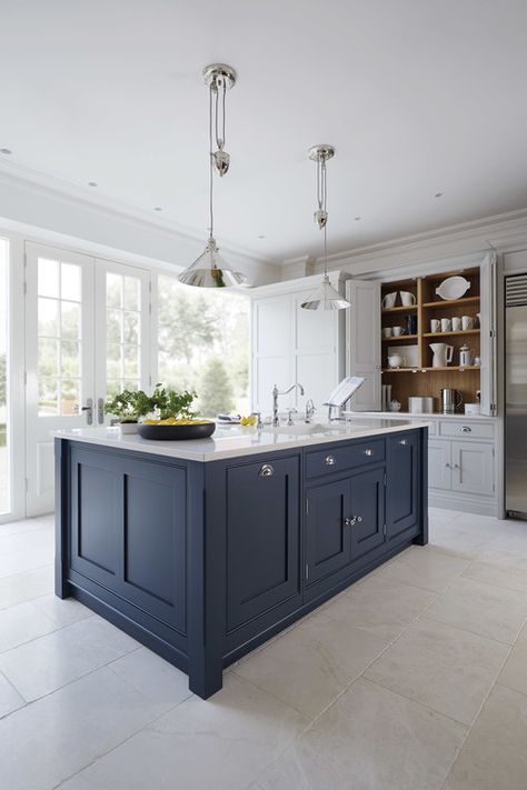 Decorating with Navy Blue - Town & Country Living Marble Kitchen Counters, Kitchen Revamp, Blue Kitchen Island, Navy Kitchen, Blue Kitchen Cabinets, Shaker Kitchen, Grey Kitchens, Kitchen Marble, Blue Kitchens