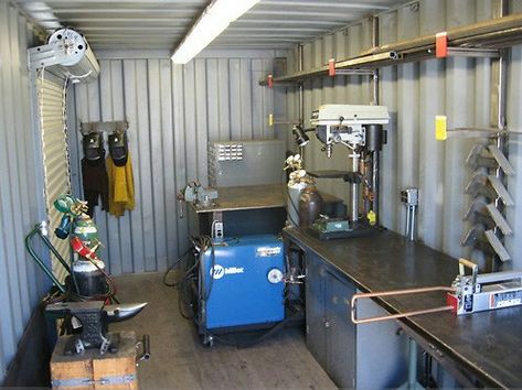 Awesome setup inside shipping container for my welding! 40 Ft Container Home, Container Home Floor Plans, Shipping Container Workshop, Small Shipping Containers, Shipping Container Sheds, Shipping Container Pool, California College, Used Shipping Containers, Container Conversions