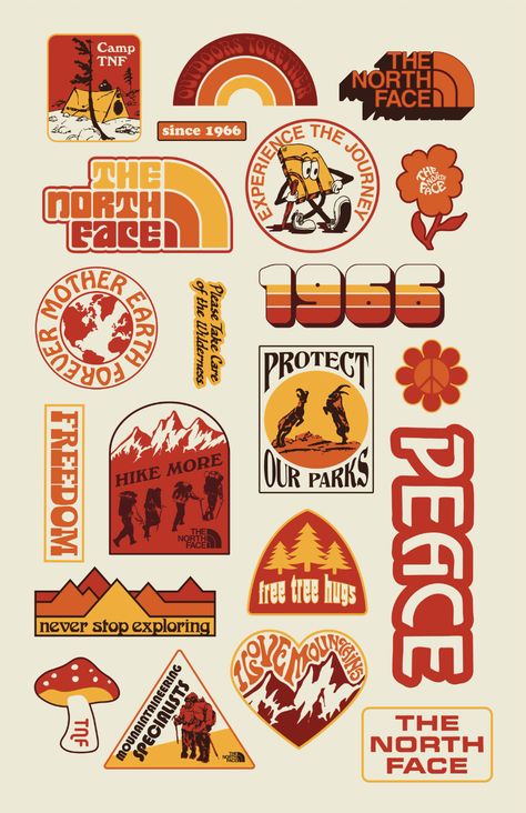 The North Face - WNW The North Face Design Graphic, Retro Style Graphic Design, Badge Graphic Design, Brand Sticker Design, Graphic Design Stickers, Sticker Design Ideas, Logos Vintage, Sticker Design Inspiration, Graphic Design Styles