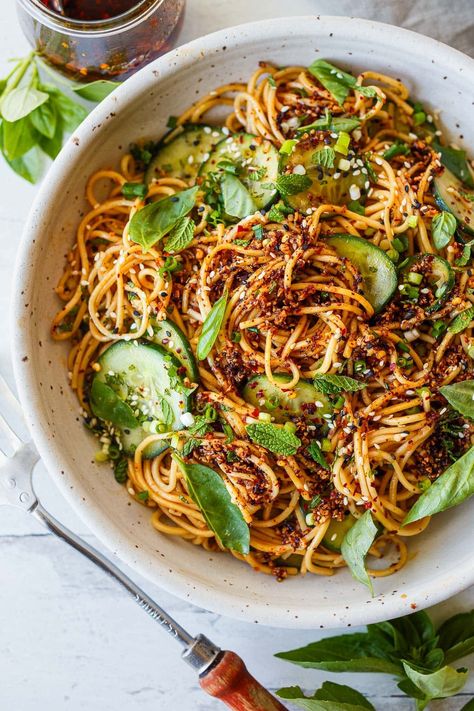 Spicy Spicy Cold Noodle Salad | Feasting At Home Cold Noodles Recipes, Asian Noodle Salad Recipe, Salad With Chili, Cold Noodle Salad, Vietnamese Noodle Salad, Salad With Cucumber, Vegetarian Asian, Noodle Salad Cold, Feasting At Home