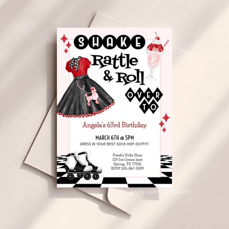 Retro 50 Sock Hop Party, 50th Birthday Party Invitations, Sock Hop, Pen Design, Label Paper, 50th Birthday Party, Invitation Printable, Birthday Party Invitation, Print Store