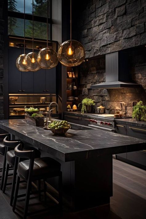 Dark Interiors Kitchen, Dark Stone Kitchen, Small Kitchen Layouts, Casa Country, Dark Kitchen, Scandinavian Kitchen, Dark Interiors, Luxury Kitchen Design, Interior Design Magazine