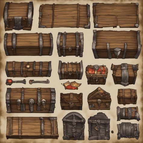 Dnd Treasure Chest, Dnd Map Assets, Dnd Assets, Dnd Decor, Cartography Design, Dnd Dungeon, Wooden Barrels, Texture Stone, Sprite Sheet