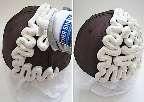 DIY Brain Cap made from an old cap and caulking material.  Good for Science  project or Halloween costume. Science Costumes, Brain Models, Brain Craft, Zombie Halloween, Halloween Props, Halloween Projects, Science Projects, Halloween Horror, Costume Halloween