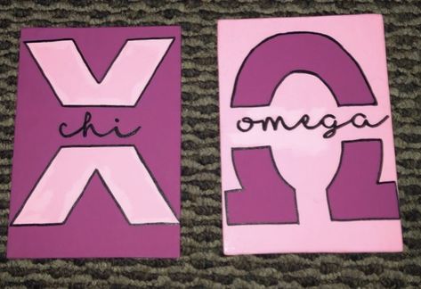 hand painted 2 canvas chi omega Big Lil Canvases, Chi Omega Paintings Canvases, Chi Omega Canvas Painting, Axo Painting, Sorority Painting Canvases, Chi Omega Paintings, Big Little Canvas Ideas, Initiation Basket, Big Little Paintings