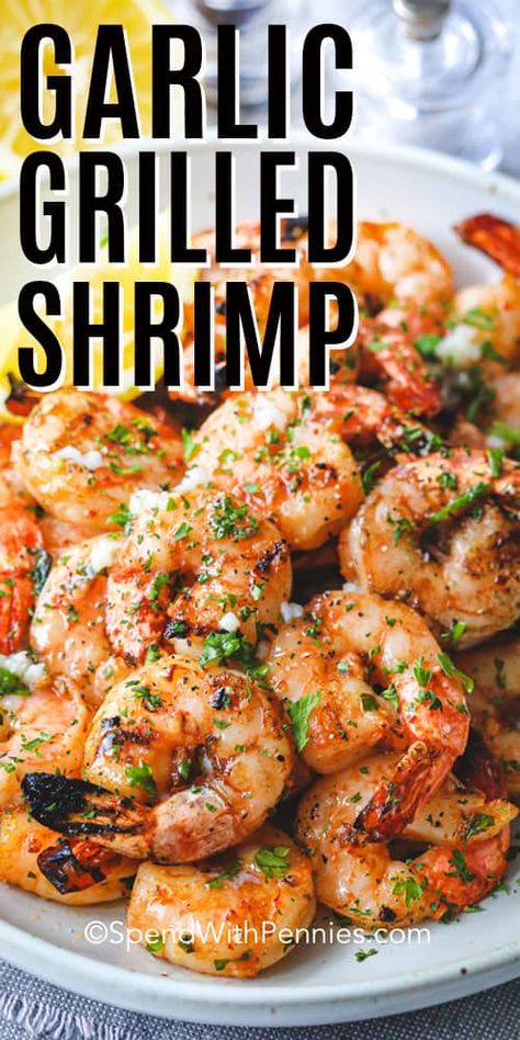 Garlic Grilled Shrimp is a perfect summer staple on the grill! Just a simple soak in this tangy marinade for a delicious shrimp kabob or tucked into a zesty shrimp taco! This will become one of your ‘go-to recipes’ that make summertime livin’ so easy! #spendwithpennies #grilledshrimp #grillingrecipe #grilledrecipes #shrimpmarinade #shrimpskewers #shrimptacos #shrimpkabobs #garlicshrimp #summerrecipe Grilled Shrimp Marinade, Easy Grilled Shrimp Recipes, Shrimp Kabobs, Shrimp Taco, Fresh Shrimp, Grilled Shrimp Recipes, Grilled Dinner, Kabob Recipes, Summer Grilling Recipes