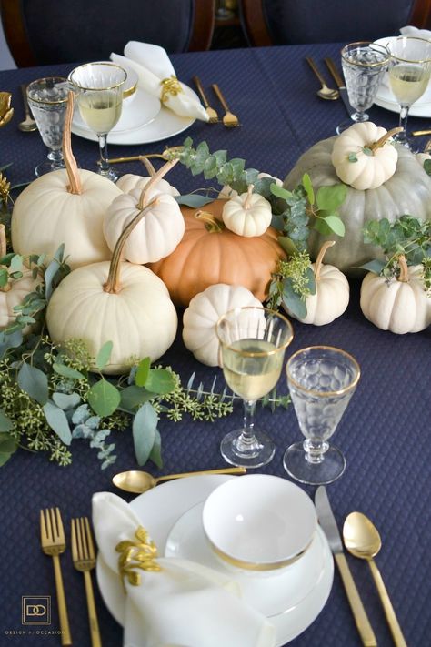 A FALL PUMPKIN TABLESCAPE TO CREATE THIS SEASON | Design by Occasion How To Create A Tablescape, Pumpkin Table Centerpiece, Pumpkin Tablescape, Thanksgiving Table Centerpieces, Thanksgiving Table Decor Ideas, Grey Pumpkin, Classic Thanksgiving, Instead Of Flowers, Thanksgiving Table Decor