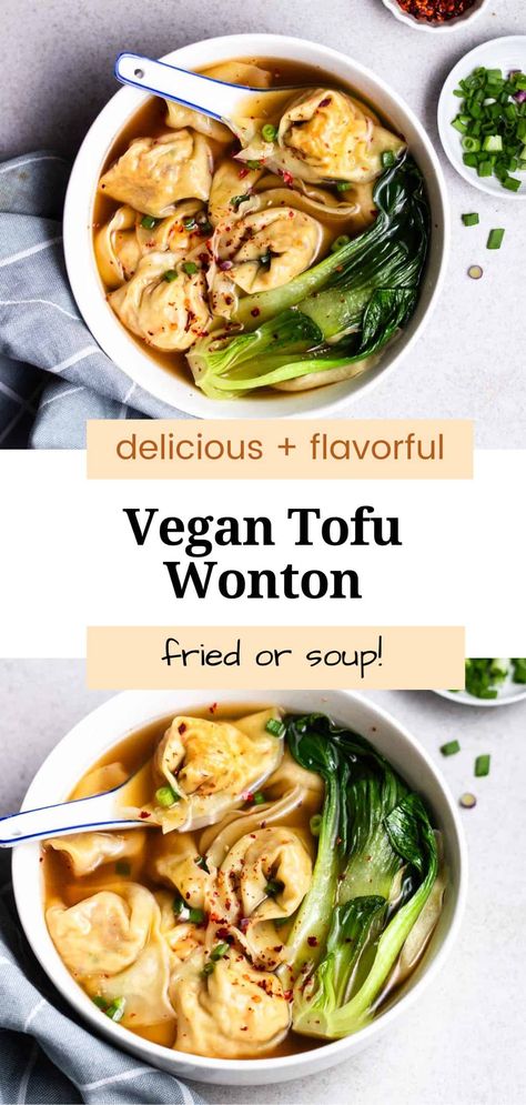 Filled with a flavorful veggie and tofu filling, these vegan wontons will impress even non-vegans! They are incredibly versatile and can be used to make wonton soup or fried wontons. This recipe is also quick and easy to make! Veg Wonton Recipes, Vegan Wontons, Vegan Wonton, Vegetarian Wonton, Vegan Winter Recipes, Vegetarian Asian, Tofu Recipes Easy, Asian Vegetarian Recipes, Vegan Asian Recipes