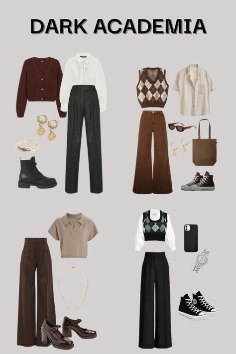 Fall Outfit Academia, How To Dress Dark Academia In Summer, Outfit Inspirations Dark Academia, Dark Academia Outfit Ideas For School, Dark Academia Cardigan Outfit, Dark Academia Modern Outfits, Dark Academia Preppy Outfits, Style Inspiration Dark Academia, Dark Academia School Outfits