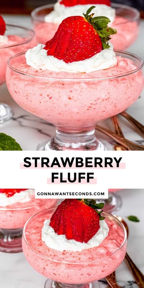 *NEW* Strawberry Fluff is a no-bake dessert made with Cool Whip, cream cheese, Jell-O, pineapple, and strawberries. It's the best make-ahead treat for hot summer nights #strawberryfluff #strawberryfluffsalad Fluff Recipes, Strawberry Fluff, Oreo Fluff, Cool Whip Desserts, Jello Salads, Fluff Recipe, Fluff Desserts, Jello Desserts, Strawberry Dessert Recipes