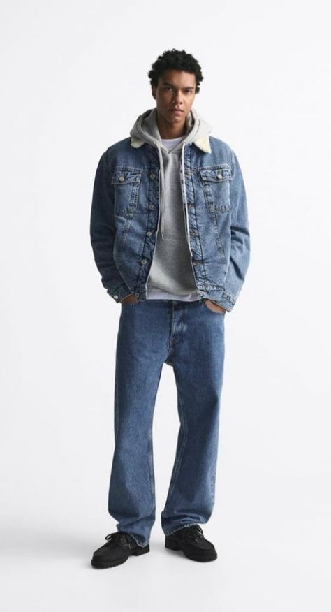 Explore 2024's Top 17 Men's Denim Styles - Jackets, Jeans & More for Every Occasion Hoodie And Denim Jacket Outfit Men, Jean Jacket Mens Outfits, Guy Jean Jacket Outfits, Denim Jacket Men Outfit Winter, Jean Jacket Hoodie Outfits Men, Jean Sherpa Jacket Outfit Mens, Denim Mens Outfits, How To Style A Jean Jacket Men, Man Denim Jacket Outfit