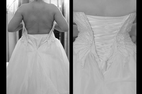 Fold this allowance back and hand stitch your zipper end down.. The dress should have a zipper down the back and fit you well in the bust area.. Sew them close to the edge of the cloth, leaving tiny loop openings that are just enough for the ribbon/cord to fit.. Who knew it could be so complicated?You can look new details of How To Do A Corset Back On A Dress by click this link : view details Make A Wedding Dress, Corset Back Dress, Making A Wedding Dress, Big Wedding Dresses, Crystal Wedding Dress, Wedding Dress Alterations, Visual Reference, Hijab Wedding Dress, Modesty Panel