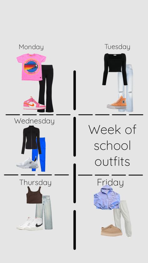 A week of school outfit ideas! #outfitinspo #outfit #outfitcheck #inspo Menstrual Phases, Outfit Planner, School Week, Trendy Fits, School Outfit Ideas, Weekly Outfits, Outfits For School, School Fits, Mini Me