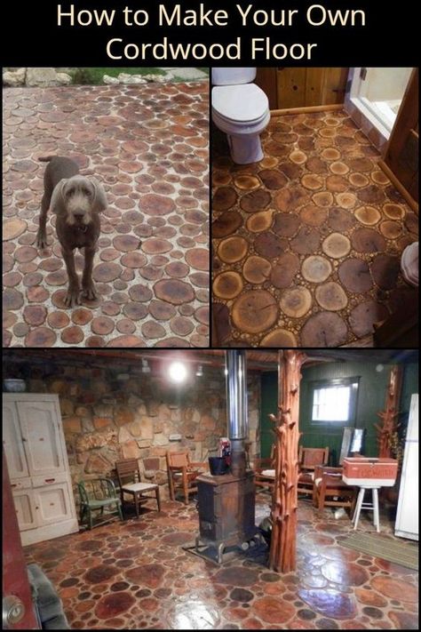 Non Toxic Flooring, Cordwood Floor, Cordwood Cabin, Cabin Flooring, Different Floors, Wooden Floor Tiles, Diy Wood Floors, Mudroom Flooring, Industrial Home Decor