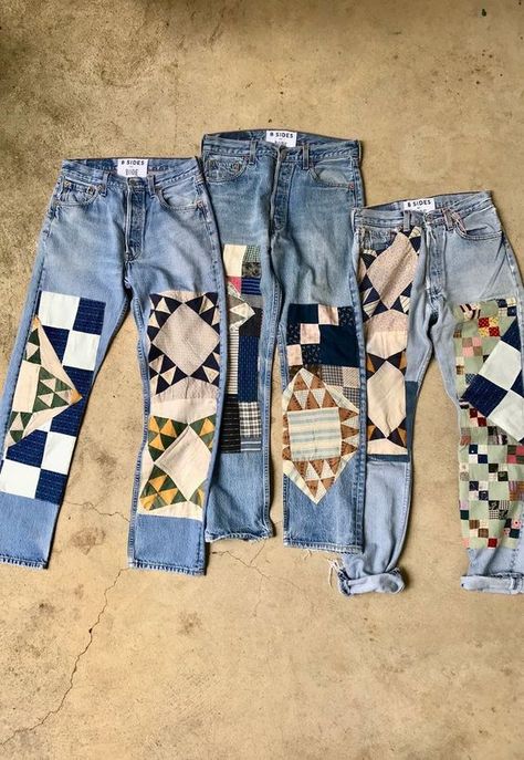 Jean Patchwork, Denim Patchwork Jeans, Marla Singer, Ropa Upcycling, Quilting Digest, Quilted Clothing, Patchwork Clothes, Quilted Patchwork, Quilted Clothes