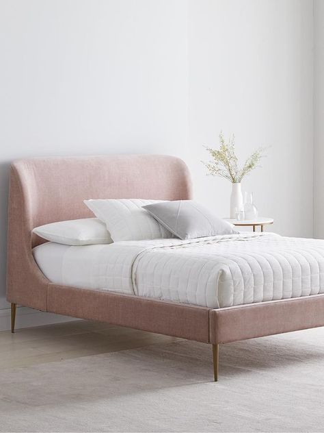 Lana Upholstered Bed, West Elm Bed, Pink Headboard, West Elm Bedding, Bed Frame Double, Pink Bed, Headboard With Shelves, Single Beds, Curved Headboard