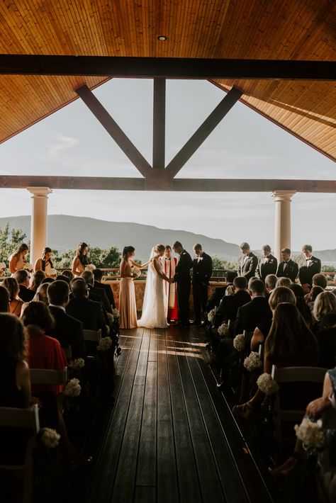 Bride and groom in prayer at the House Mountain Inn wedding | blue ridge mountain wedding ceremony | ceremony with mountain views | lexington virginia wedding Wedding Venue Mountain View, Wedding Ceremony Mountains, No Traditional Wedding Dress, Blue Ridge Mountains Wedding, Blue Ridge Wedding, 20 Person Wedding, Mountain Reception, Blue Ridge Mountain Wedding, Mountain Wedding Ceremony