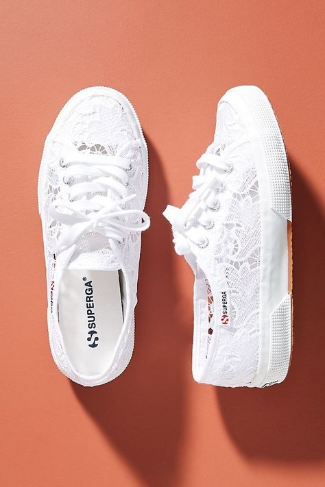 A dreamy pair of low-top Superga lace sneakers — you can literally never have too many of these. They're perfect for any occasion, at any time, or any weather. Wedding Tennis Shoes, Comfy Wedding Shoes, Bride Sneakers, Bridal Sneakers, Superga 2750, Wedding Sneakers, Mini Logo, Lace Sneakers, Bride Shoes