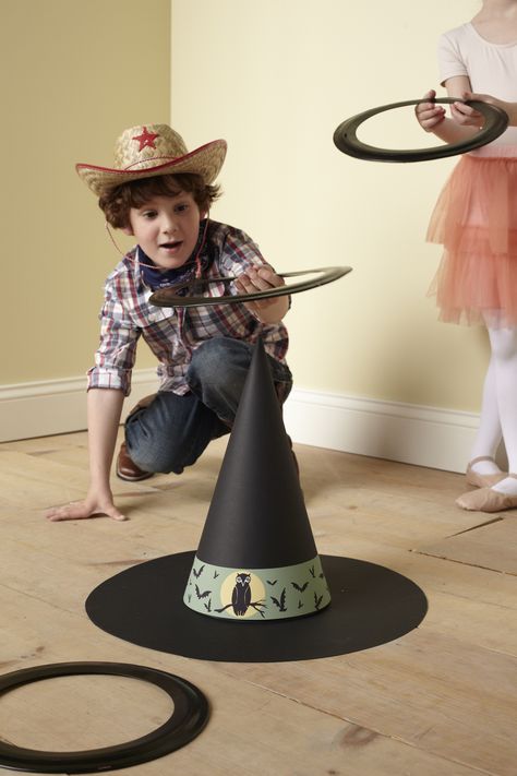 Witch's Hat Ring Toss Witch Hat Ring Toss, Halloween Games To Play, Halloween Plastic Pumpkins, Balloon Pumpkin, Party Game Ideas, Pumpkin Games, Diy Party Games, Fun Halloween Games, Bobbing For Apples