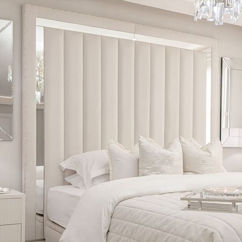 Chelsea Cream Mirrored Studded Premium Channelled Headboard Beds and Headboards Mirrored Headboard, Headboard Panels, Luxury Headboard, Beautiful Bed Designs, Cream Bedrooms, Beds Uk, Glamourous Bedroom, Modern Headboard, Mirror Headboard