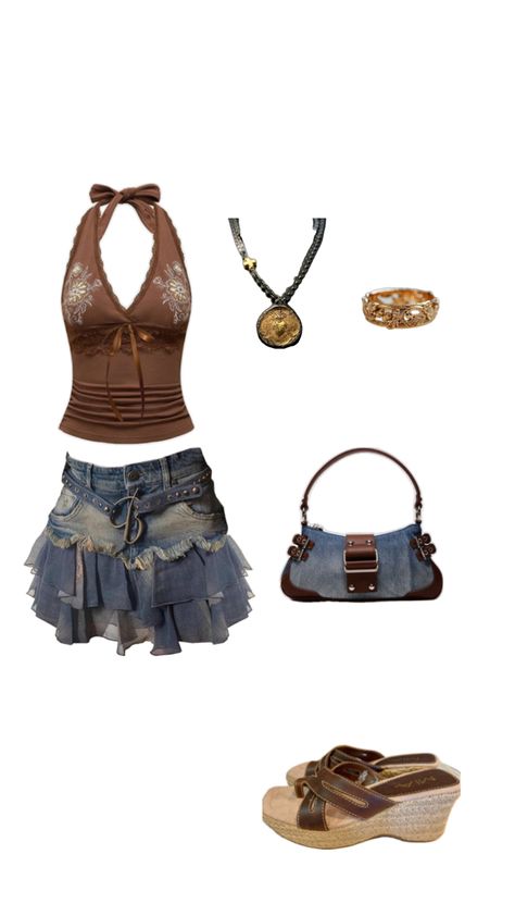 Brown and denim outfit Brown And Denim Outfit, Denim Y2k Outfit, Earthy Aesthetic Outfits, Boho Denim Dress, Denim Dress Outfit, Y2k Hippie, Luxury Bags Collection, Cute Country Outfits, Boho Denim