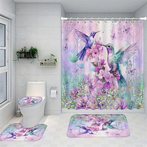 Hummingbird Shower Set Purple Floral Butterflies Shower 12 - Temu Farmhouse Bathtub Decor, Glitter Bathroom, Wisteria Purple, Bathtub Decor, Floral Bathroom, Flower Shower Curtain, Floral Bath, Bathroom Decor Sets, Flower Shower