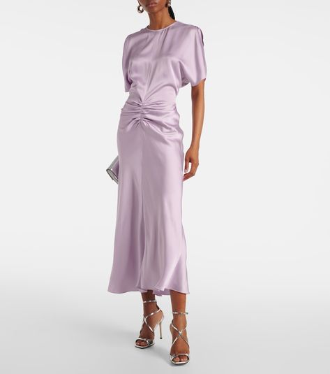 Gathered satin midi dress in purple - Victoria Beckham | Mytheresa Gold Clothes, Rose Gold Clothes, Victoria Beckham Dresses, Victoria Beckham Outfits, Victoria Beckham Dress, Purple Midi Dress, Elegant Prom Dresses, Exposed Seams, Victoria Dress