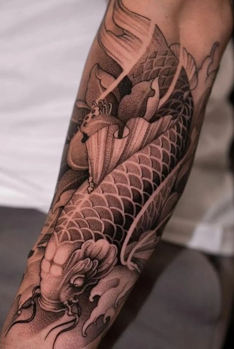 Koi Fish Tattoo Forearm, Japanese Tattoo Koi, Foo Dog Tattoo Design, Infinity Tattoo With Feather, Aztec Tattoos Sleeve, Japanese Koi Fish Tattoo, Koi Tattoo Sleeve, Foo Dog Tattoo, Koi Tattoo Design