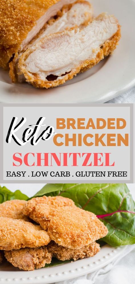 Breaded Keto Chicken Schnitzel Recipe - My family has been making this easy keto chicken recipe for years! It's one of our favorite recipes. The breading on the chicken is gluten free and low carb. It is almond flour, egg and pork rinds. Then it's fried in avocado oil to produce a crispy crust and juicy chicken! www.ketofocus.com #easyketochickenrecipes #easyketodinnerrecipes #easyketodinner #ketochickenrecipes #ketodinnerrecipes Chicken Schnitzel Recipe, Schnitzel Recipe, Schnitzel Recipes, Chicken Schnitzel, Keto Chocolate Chip Cookies, Keto Chocolate Chips, Low Carb Dinner Recipes, Pork Rinds, Breaded Chicken