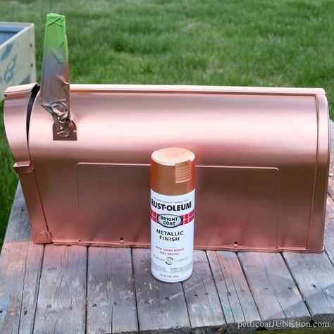 Rustoleum Metallic Copper Spray Paint for my plastic mailbox Mailbox Makeover Paint, Plastic Mailbox Ideas, Copper Mailbox Diy, Spray Paint Mailbox Diy, Paint Mailbox Ideas, Decorating Mailboxes Ideas, Plastic Mailbox Makeover Ideas, Paint Mailbox Diy, Mailbox Makeover Diy