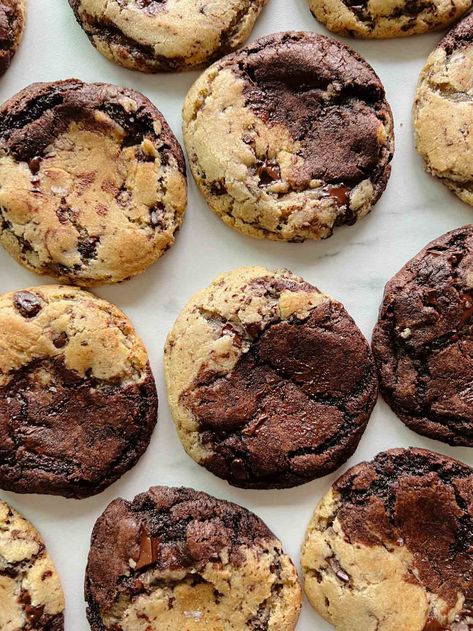 Half-n-Half Chocolate Chocolate Chip Cookies | Sarah Kieffer Cosmic Cookies, Healthy Protein Desserts, Double Chocolate Chip Cookie Recipe, Sarah Kieffer, Chocolate Chocolate Chip Cookies, Gooey Chocolate Chip Cookies, Cake Video, Chocolate Cookie Dough, Double Chocolate Chip Cookies