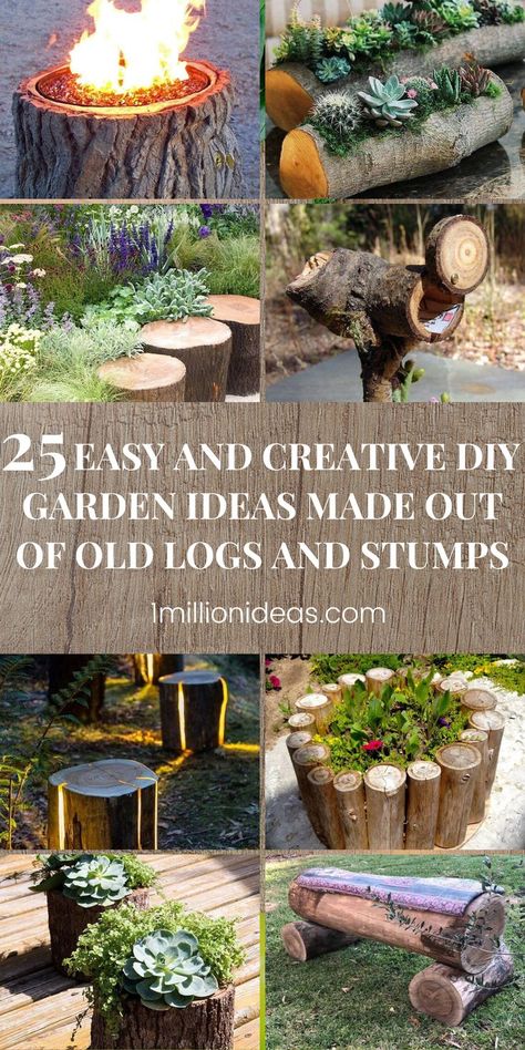 Do you want to try to make something unique from a tree cut down, or a rigid, dead tree stump with bare bases in the garden? There are countless options to transform them into a striking focal point that can impress your guests. From DIY fire pit, garden railing, planters, garden pathway, and more, these are projects you can make easily to change your garden more beautiful and outstanding. Garden Ideas With Tree Stumps, Tree Stumps Diy, Tree Stump Decor, Unique Landscaping, Log Decor, Diy Garden Ideas, Tree Stump Planter, Garden Railings, Tree Cut