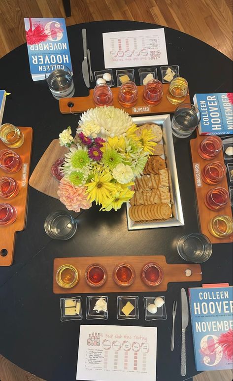 Colleen Hoover Book Club Party, Friendsgiving Book Club, Books And Booze Party, Book Club Hosting Aesthetic, Library Snacks, Bookclub Hosting Ideas, Book Club Aesthetic, Book Club Ideas Hosting, Book Besties