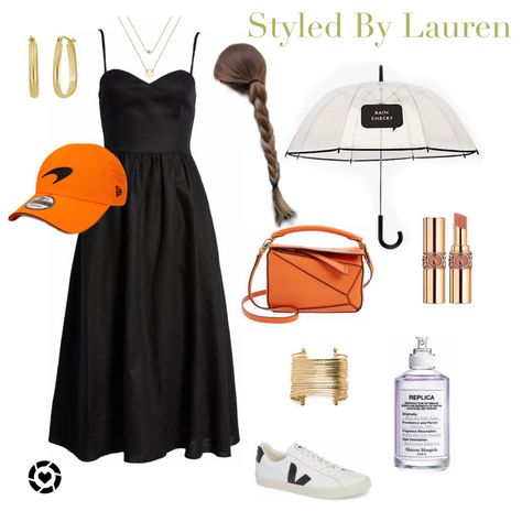 Black dress veja outfit with McLaren hat and Loewe handbag in orange Cute Formula 1 Outfits, What To Wear To Formula 1 Race, Mclaren Outfit Women, Outfits For F1 Race, Mclaren Outfit, F1 Outfit For Women Mclaren, Mclaren Aesthetic Girl, F1 Outfit For Women, Race Outfit