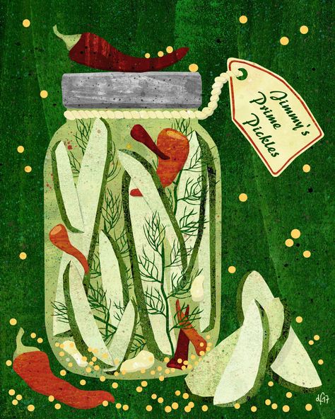 Pickles +++ illustration by Daniela Faber 2017 +++ inspired by Jimmy Fallon's new hobby gherkins cucumbers brine mustard seeds chili pepper dill hot spicy delicious tasty green orange red glass jar food preserves word pun yum Pickle Jar Illustration, Jar Of Pickles Drawing, Pickle Artwork, Pickles Illustration, Tiny Posters, Pickle Illustration, Spicy Illustration, Menu Illustration, Jar Food