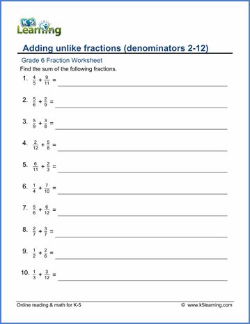 Grade 6 Math Worksheets: Adding unlike fractions (denominators 2-12) | K5 Learning Mixed Numbers Worksheet, Maths Tips, Multiplying Mixed Numbers, Divide Fractions, Unlike Fractions, Grade 6 Math Worksheets, Addition Of Fractions, Fractions Multiplication, Numbers Worksheet