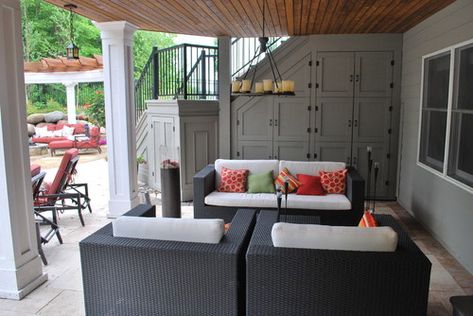 15 Cool Under Deck Living Space Ideas - Trex RainEscape Under Deck Patio Ideas, Under Deck Patio, Deck Patio Ideas, Kitchen Under Stairs, Patio Under Decks, Contemporary Backyard, Under Deck, Stairs Storage, Covered Porches