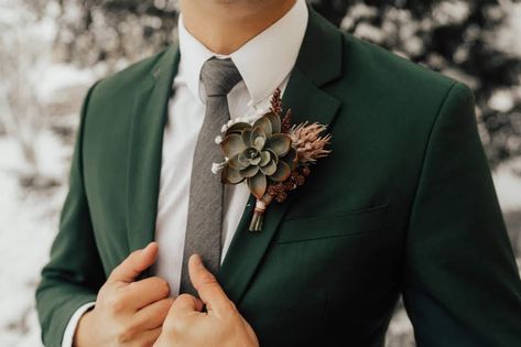 Wedding day dark green suit paired with a succulent boutonniere for a groom. https://www.etsy.com/listing/807177516/bridal-party-floral-package?ga_order=most_relevant&ga_search_type=all&ga_view_type=gallery&ga_search_query=wedding+party+floral+package&ref=sr_gallery-1-8&organic_search_click=1&frs=1 Dark Green Suit, Fall Wedding Suits, Green Wedding Suit, Dark Green Wedding, Groom And Groomsmen Suits, Mens Wedding Attire, Wedding Suits Groom, Wedding Groomsmen, Groom Boutonniere