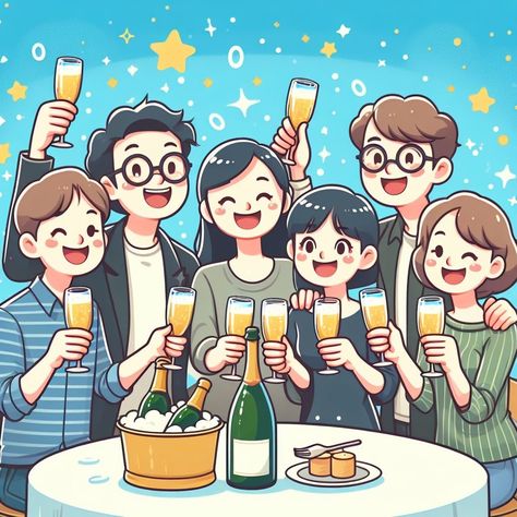 The image is a cartoon illustration of a group of people celebrating with drinks. There are five people in the image, all of whom are standing and holding glasses of champagne or beer. The people are clinking their glasses together in a toast. There is a bottle of champagne on the table in front of them. The people are all smiling and laughing, and they look like they are having a lot of fun. The background is a light blue color, and there are some stars and confetti floating around. People Celebrating, Bottle Of Champagne, Party Cartoon, Team Party, Friend Cartoon, Cartoon Photo, Group Art, Friend Group, Champagne Bottles