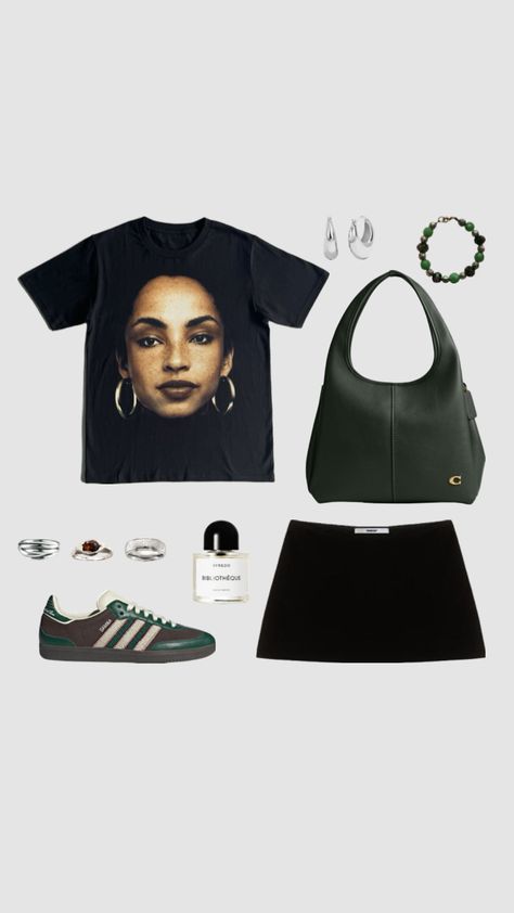 #sade #coach #darkgreen #brown #silver #chunkyjewellery #adidassambas #tankair #miniskirt #byredobiblioteque Coach Outfits, 70s Inspired Outfits, Brown Silver, Basic Outfits, Urban Outfits, Girly Outfits, Casual Style Outfits, Lookbook Outfits, No. 2